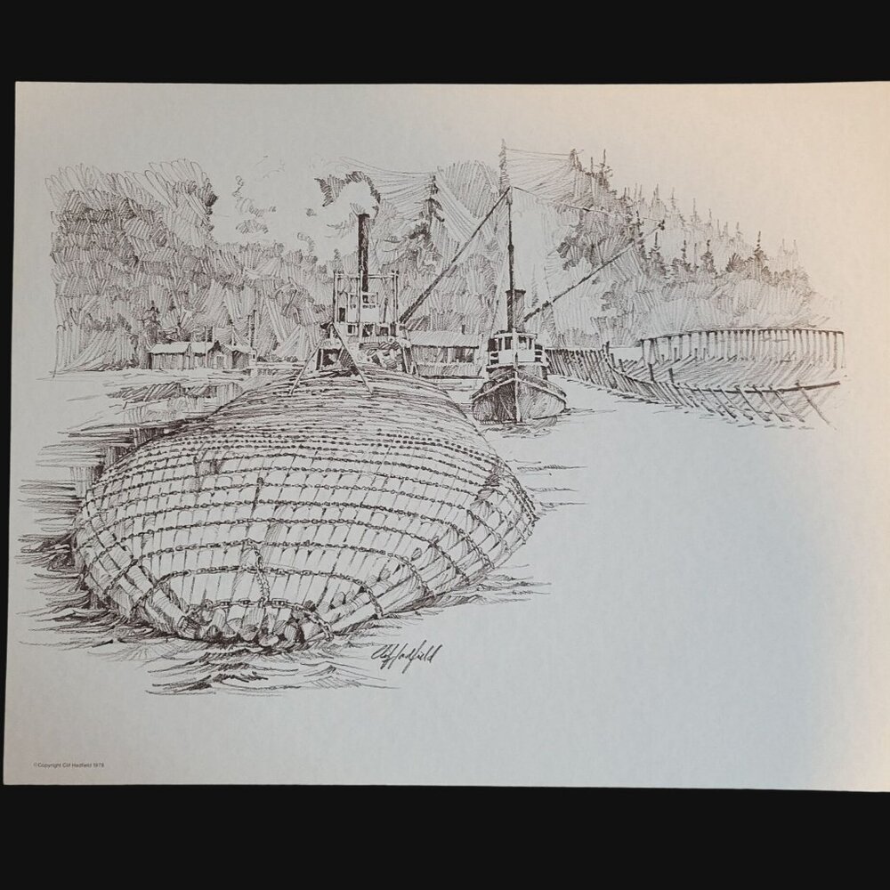 Logging on the Columbia River Sketch Print by Clif Hadfield 1978